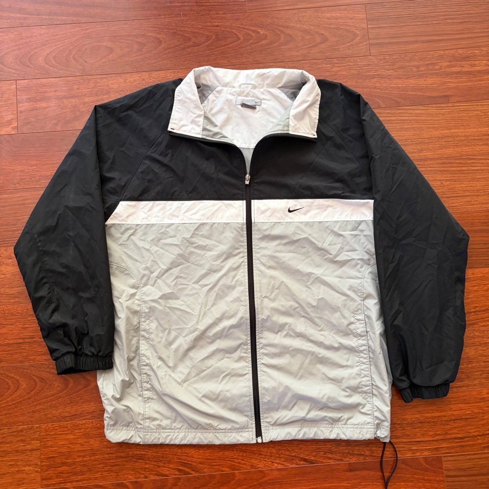 Nike Mens Windbreaker Jacket XL Grey Black Colorblock Y2K Baggy Spellout Logo